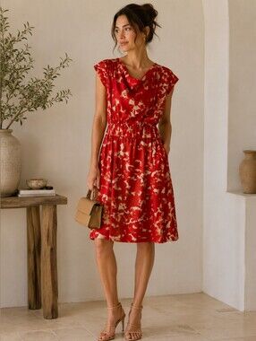 100% Silk Kenneth Cole New York Red Abstract Print Dress Size 4